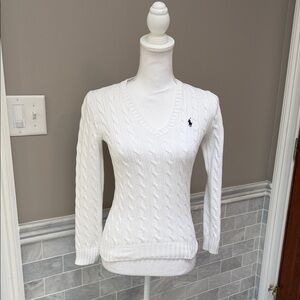 Ralph Lauren White V-Neck Cable Sweater